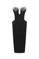 Nué Harper Dress midi with feather details, showcasing a stylish, elegant design perfect for special occasions.