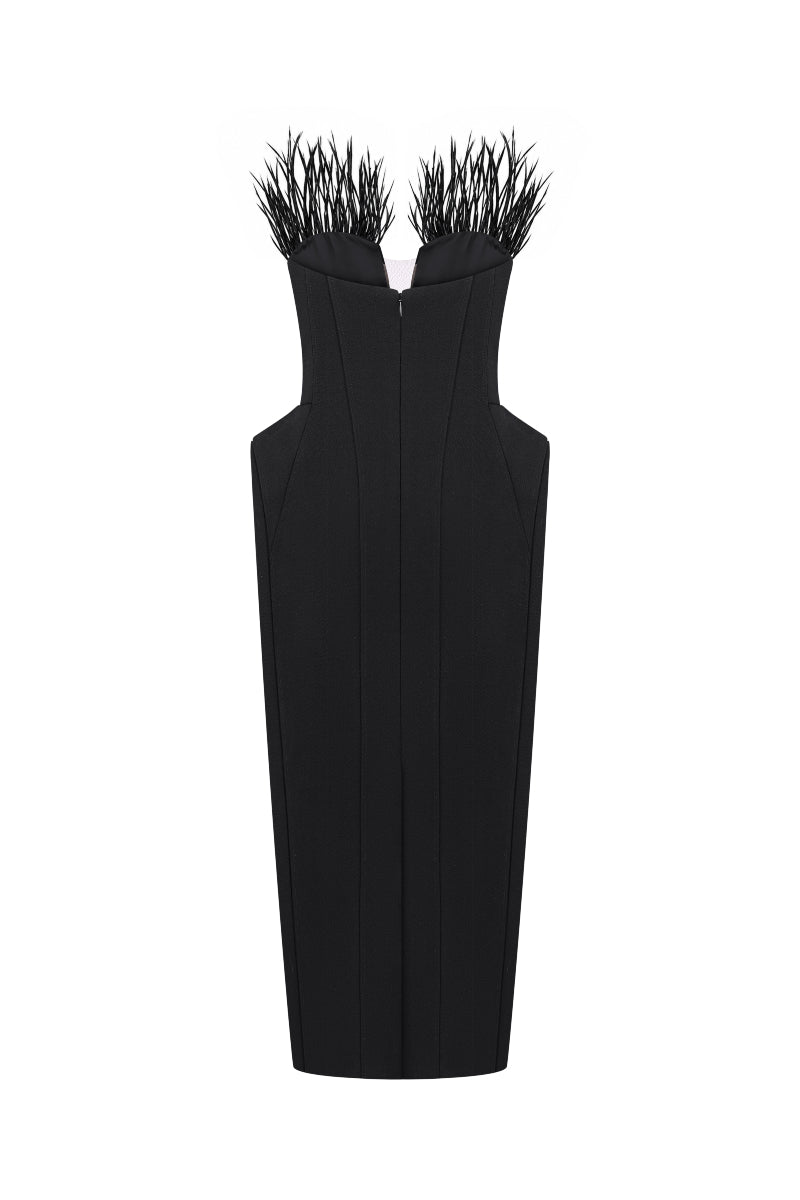 Nué Harper Dress midi with feather details, showcasing a stylish, elegant design perfect for special occasions.