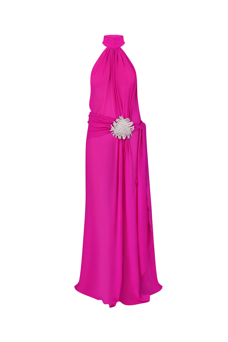 Elegant Nué Daphne gown with intricate lace details and flowing fabric, perfect for formal occasions.