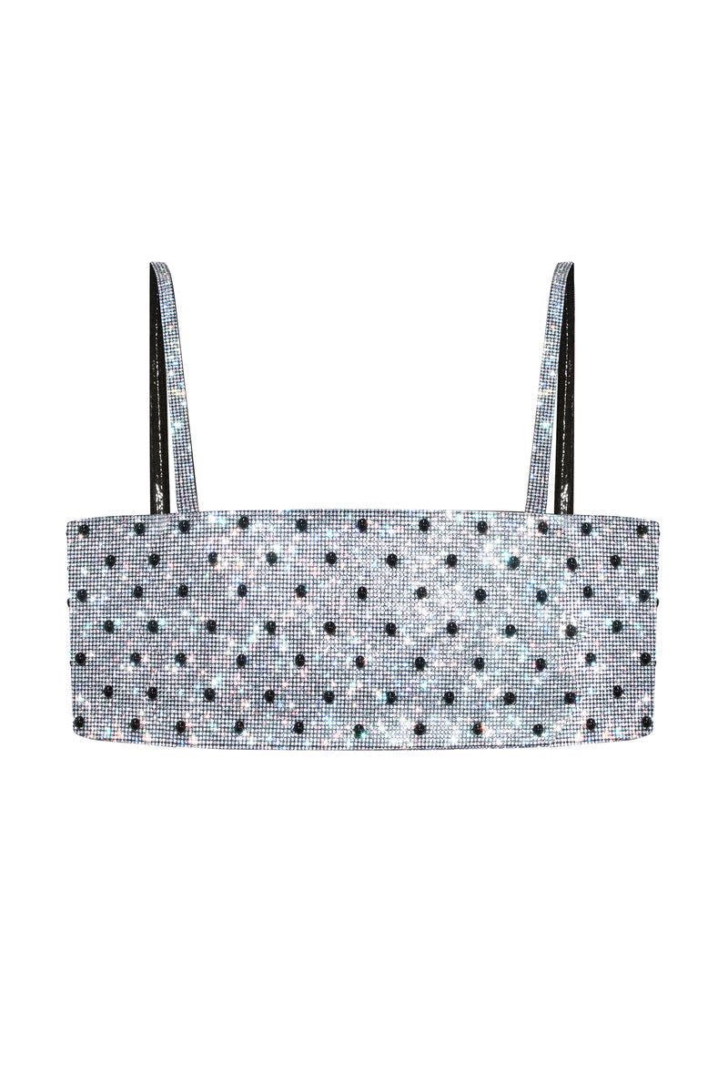 Nué Charlotte Top Polka-Dot in Crystal, stylish women's blouse with elegant crystal accents and classic polka-dot pattern.