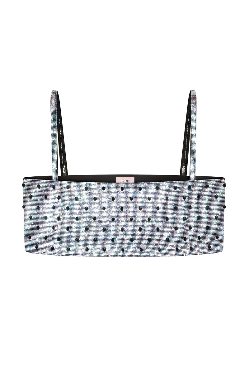 Nué Charlotte Polka-Dot Crystal Top featuring a stylish polka-dot pattern and elegant crystal accents on a chic blouse.