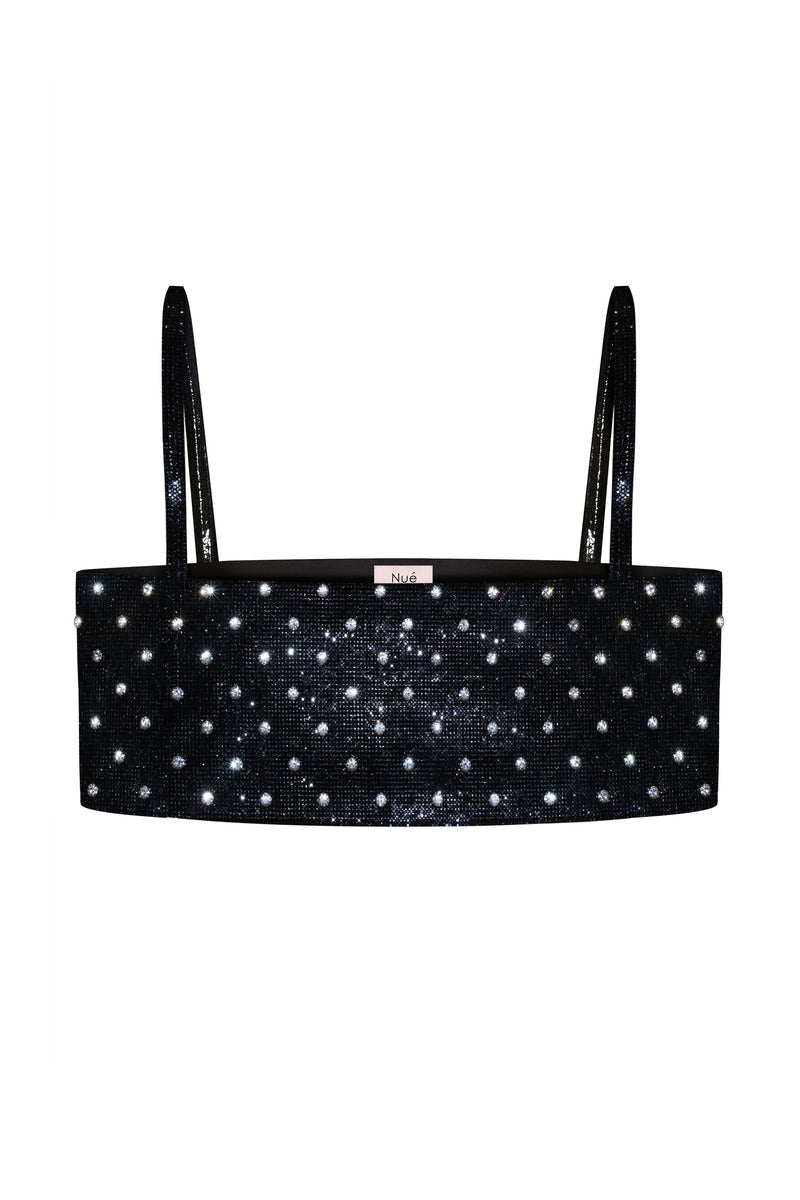 Black polka-dot Charlotte top by Nué, stylish women's blouse with long sleeves and a classic round neckline.