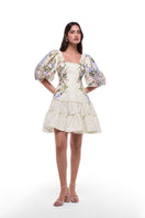 BY HAÓ Florienn Mini Dress in Jardin with floral print, fitted silhouette, and short sleeves, perfect for summer wear.