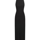 Black Nué ROMY maxi dress displayed on a hanger, featuring a flowing silhouette and elegant design perfect for stylish occasions.
