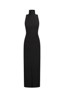 Black Nué ROMY maxi dress displayed on a hanger, featuring a flowing silhouette and elegant design perfect for stylish occasions.