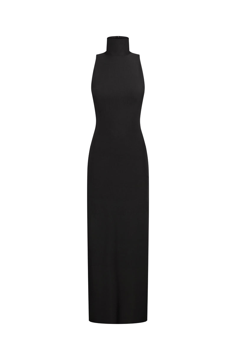 Black Nué ROMY maxi dress displayed on a hanger, featuring a flowing silhouette and elegant design perfect for stylish occasions.