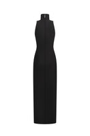 Nué Romy black maxi dress displayed on a hanger, showcasing its elegant, flowing fabric and stylish design.