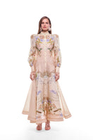 BY HAÓ Regina Maxi Dress, flowing fabric and elegant design, displayed on a hanger against a neutral background.