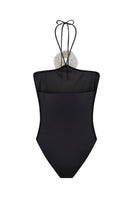 Black Nué Diana bodysuit, a sleek, fitted top with long sleeves and scoop neckline, displayed on a hanger.