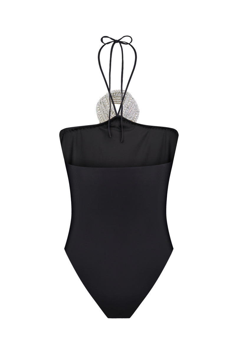 Black Nué Diana bodysuit, a sleek, fitted top with long sleeves and scoop neckline, displayed on a hanger.