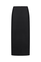 Nué Harlow black midi skirt displayed flat, showcasing its sleek fabric and classic midi length.