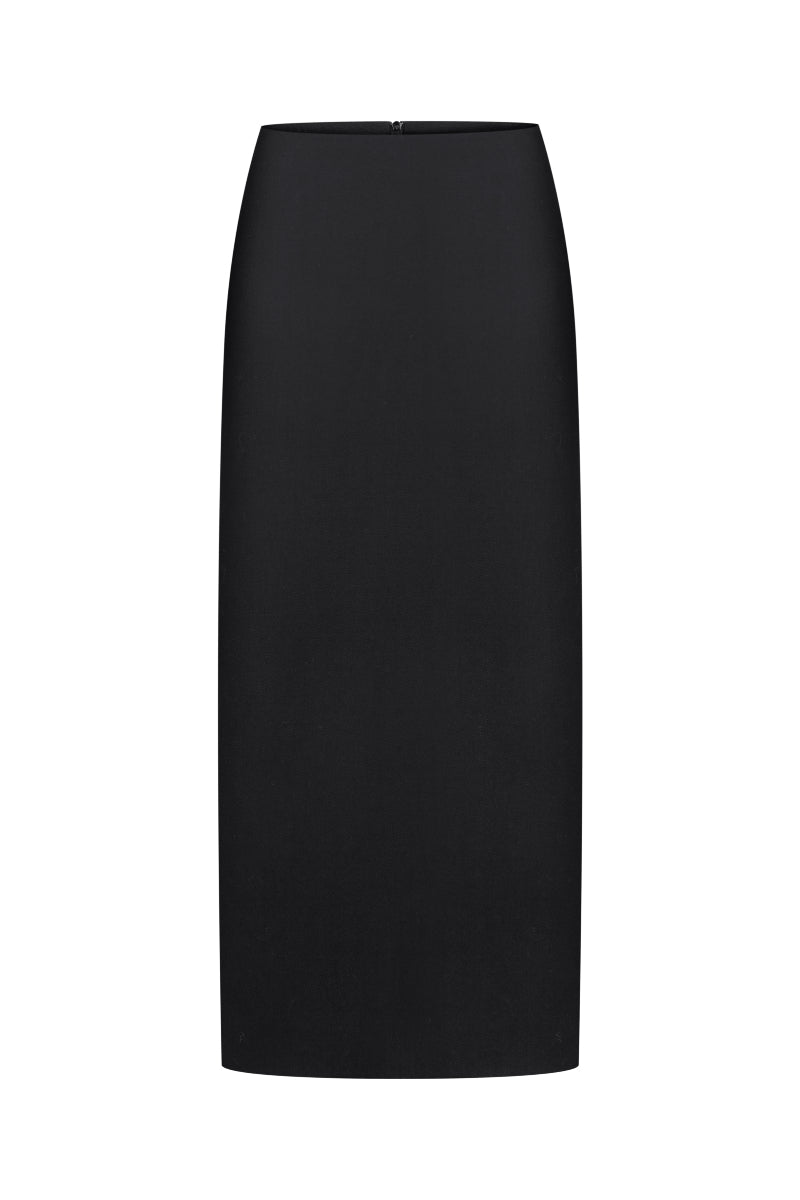 Nué Harlow black midi skirt displayed flat, showcasing its sleek fabric and classic midi length.