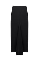 Black Nué Harlow Midi Skirt with a sleek, fitted design and midi length, displayed on a hanger against a neutral background.