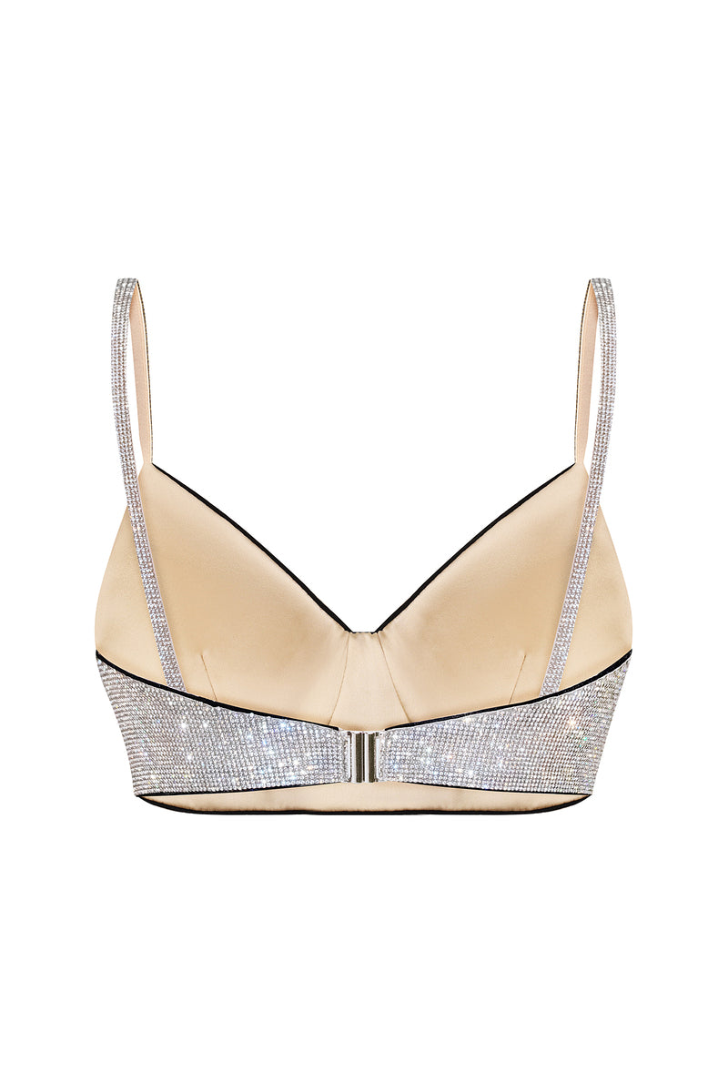 Nué ELLE Bullet Bra in crystal, showing a close-up of the delicate crystal-embellished bra with smooth fabric and supportive design.