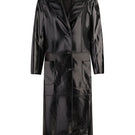 Black leather coat by Sayya, stylish and fitted with a classic design, shown on a model with a clean background.