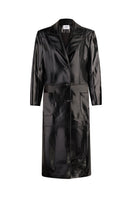 Black leather coat by Sayya, stylish and fitted with a classic design, shown on a model with a clean background.