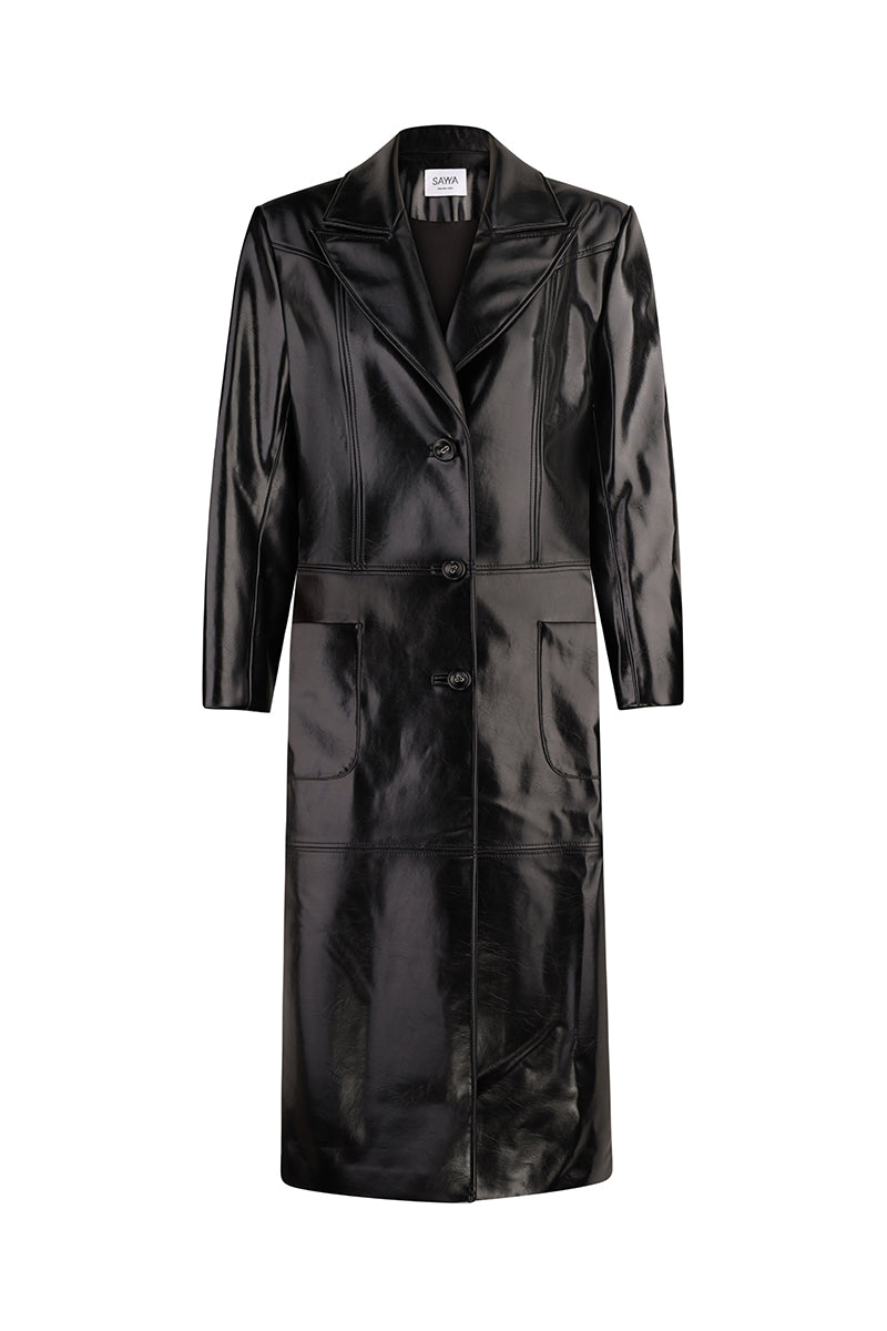 Black leather coat by Sayya, stylish and fitted with a classic design, shown on a model with a clean background.