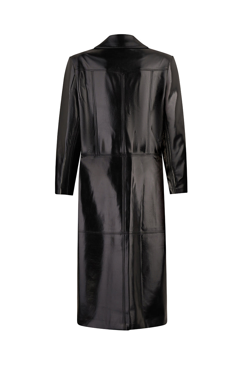 Black leather coat by Sayya, stylish and versatile outerwear with a smooth leather texture and classic design.