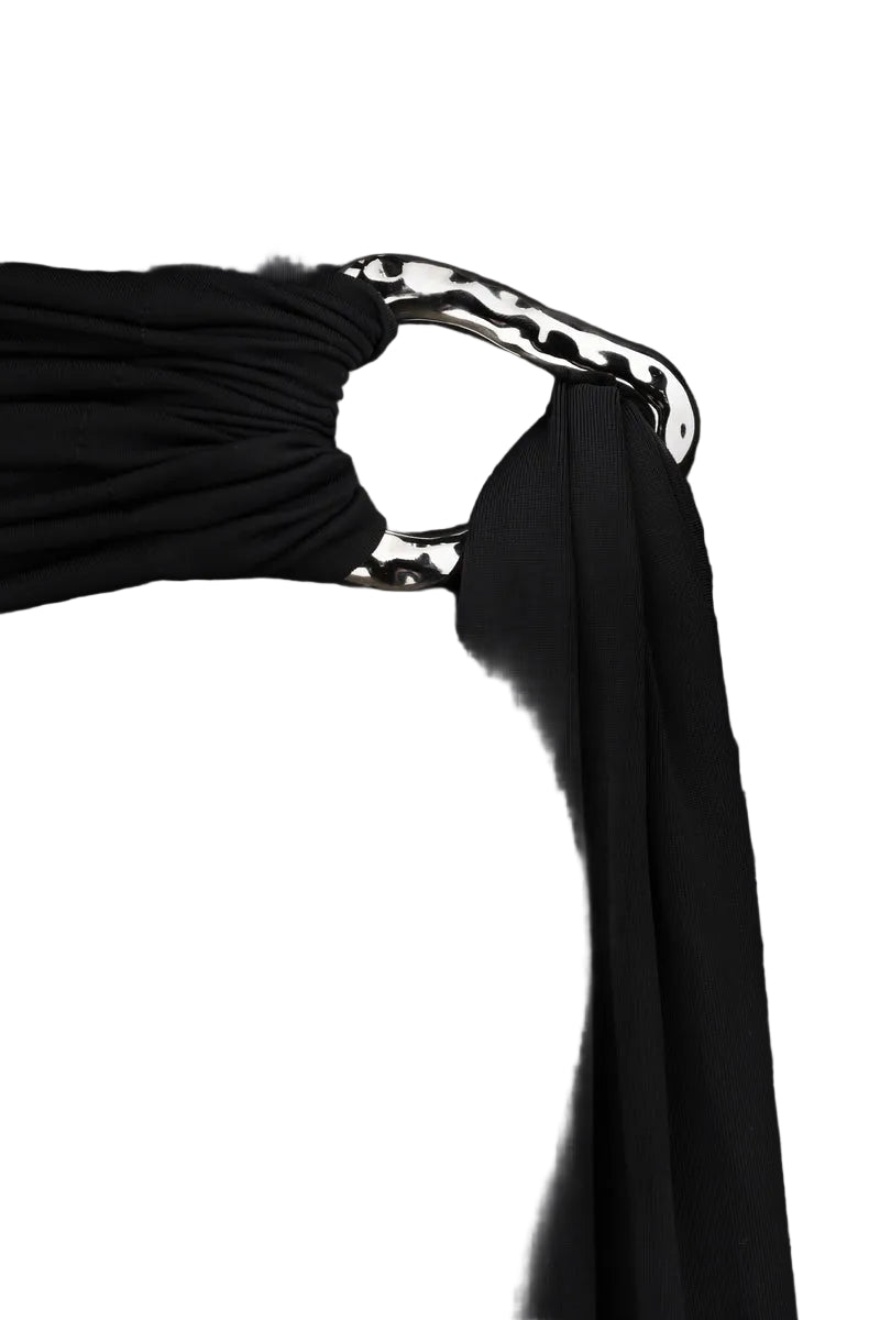 Black Nué Jamie bodysuit, a stylish fitted top with long sleeves and scoop neckline, displayed on a plain background.
