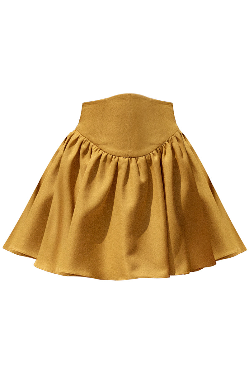 Andrea Iyamah INDA mini skirt in bright gold, lightweight fabric with a fitted waist and stylish mini length.