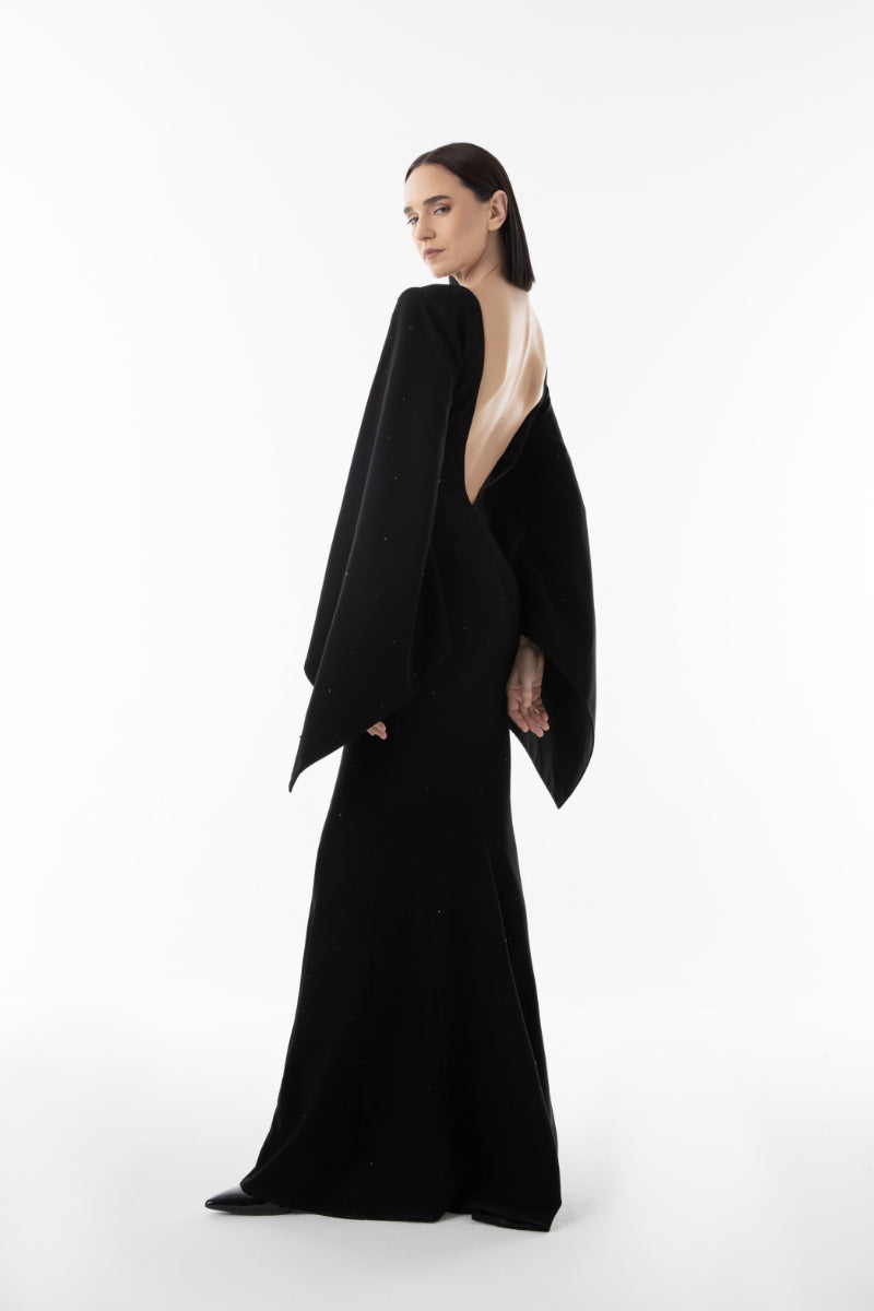 Lili Blanc black gown with elegant, flowing fabric and fitted bodice, perfect for formal occasions.