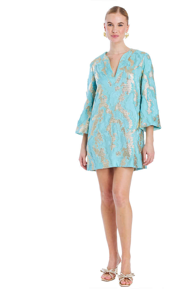 INES CAFTAN MINI DRESS IN BLUE GOLD - CULT MIA