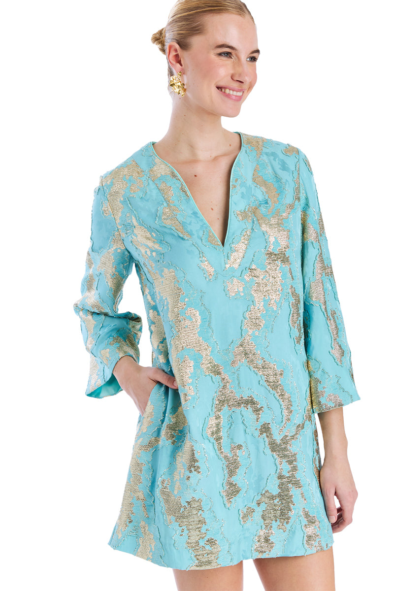 INES CAFTAN MINI DRESS IN BLUE GOLD - CULT MIA