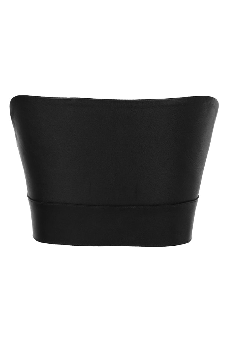 Ivory and black leather top from MAZ Manuela Álvarez featuring interwoven design and chic style.