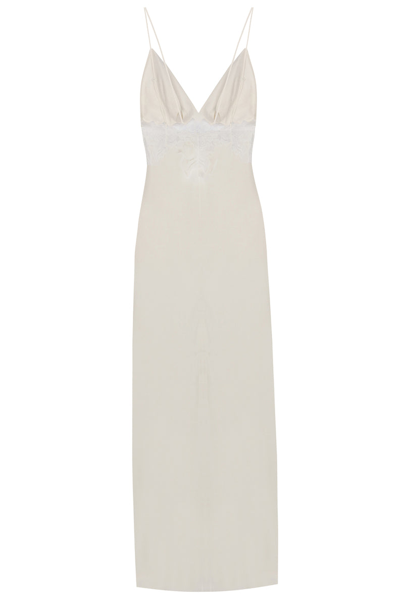 Bocan Couture Isabella cupro nightgown displayed on a hanger, featuring a soft, elegant design with delicate fabric details.