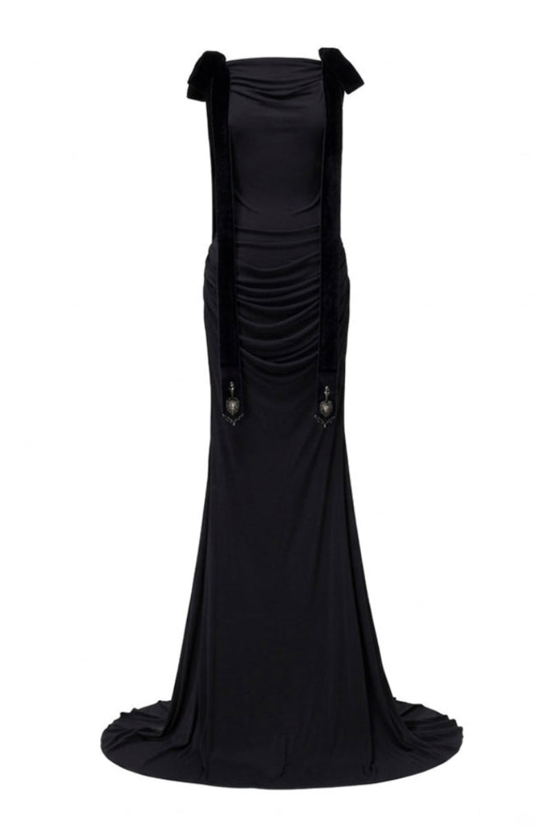 Black Islington dress by Jenny K Tran, elegant gown with flowing fabric and stylish design, perfect for formal occasions.