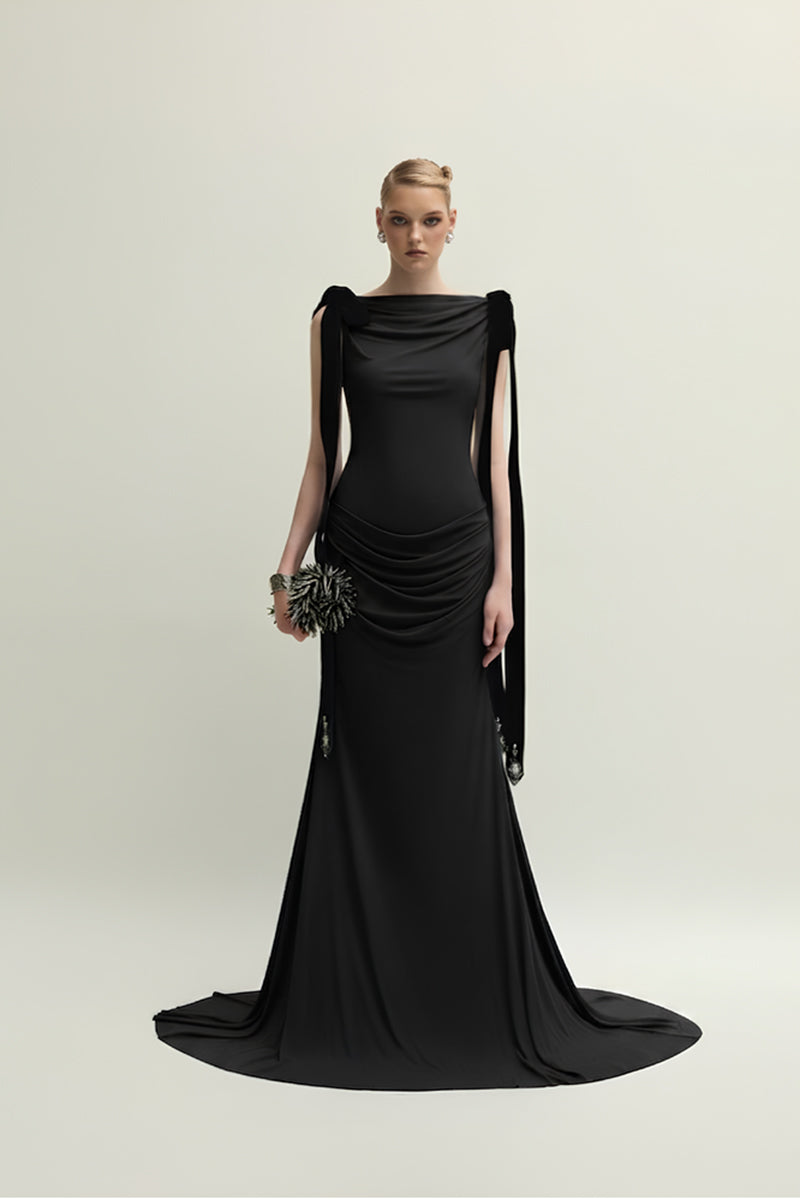 Black Islington gown by Jenny K Tran, featuring elegant design and flowing fabric, perfect for formal occasions.