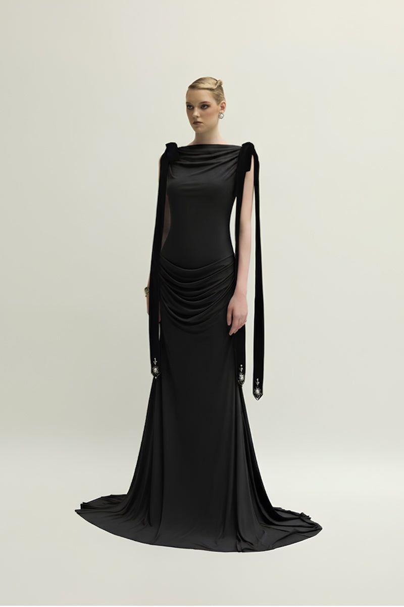Jenny K Tran Islington black gown, elegant dress with a flowing silhouette, perfect for formal occasions and evening wear.