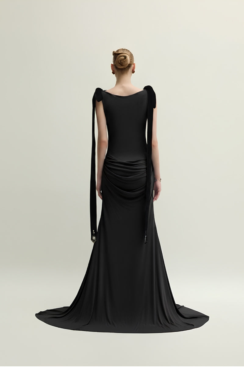 Jenny K Tran Islington black gown with elegant, flowing fabric and fitted design, perfect for formal occasions.