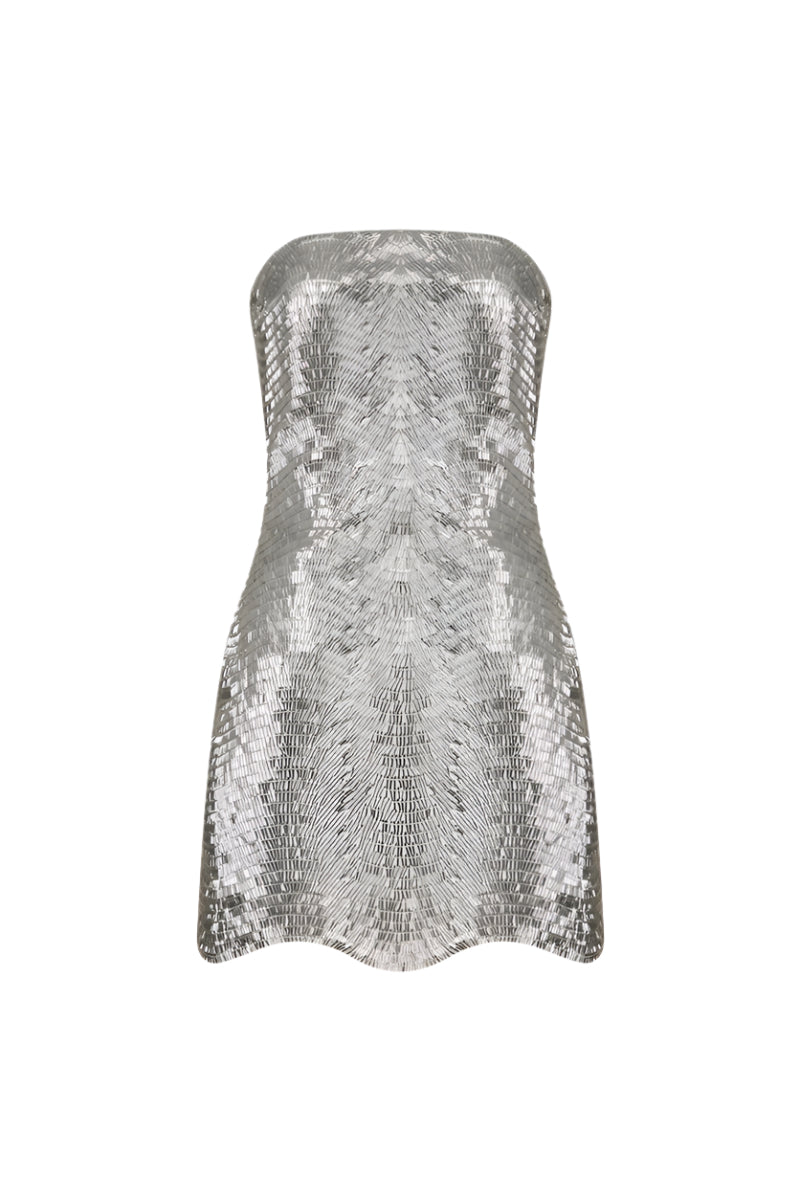 MOSS STRAPLESS SEQUIN DRESS IN SILVER - CULT MIA
