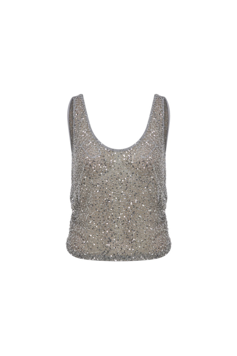 Silver sequin LEND top by ILA, front view showing shimmering fabric and stylish design for evening wear or parties.
