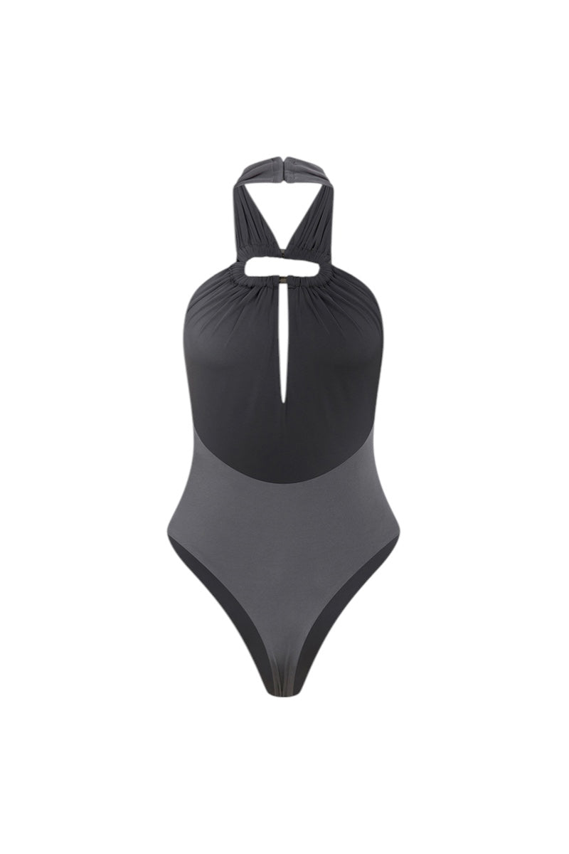 Back view of ILA LEYA gray bodysuit, a stylish women's top with long sleeves and a fitted design.