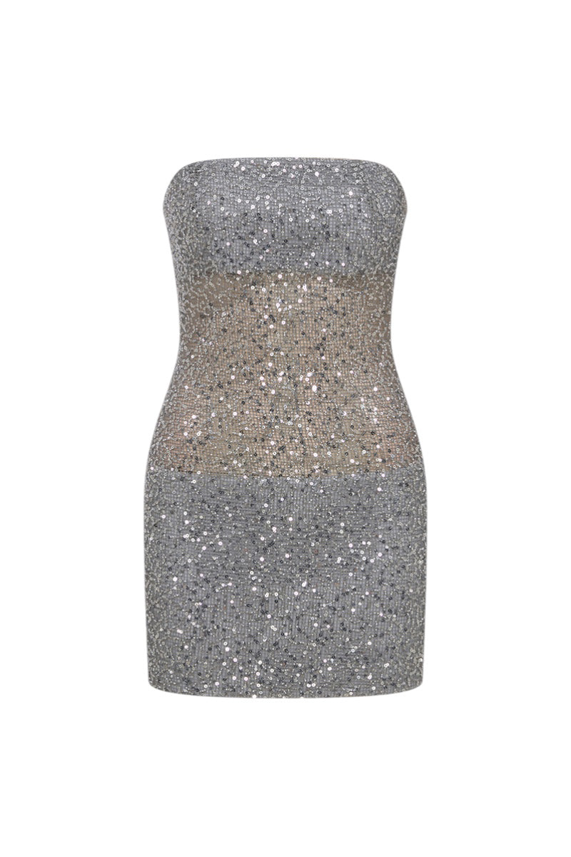 Front view of ILA Lisa Silver Sequin Mini Dress, showcasing its shimmering silver sequins and stylish fit.