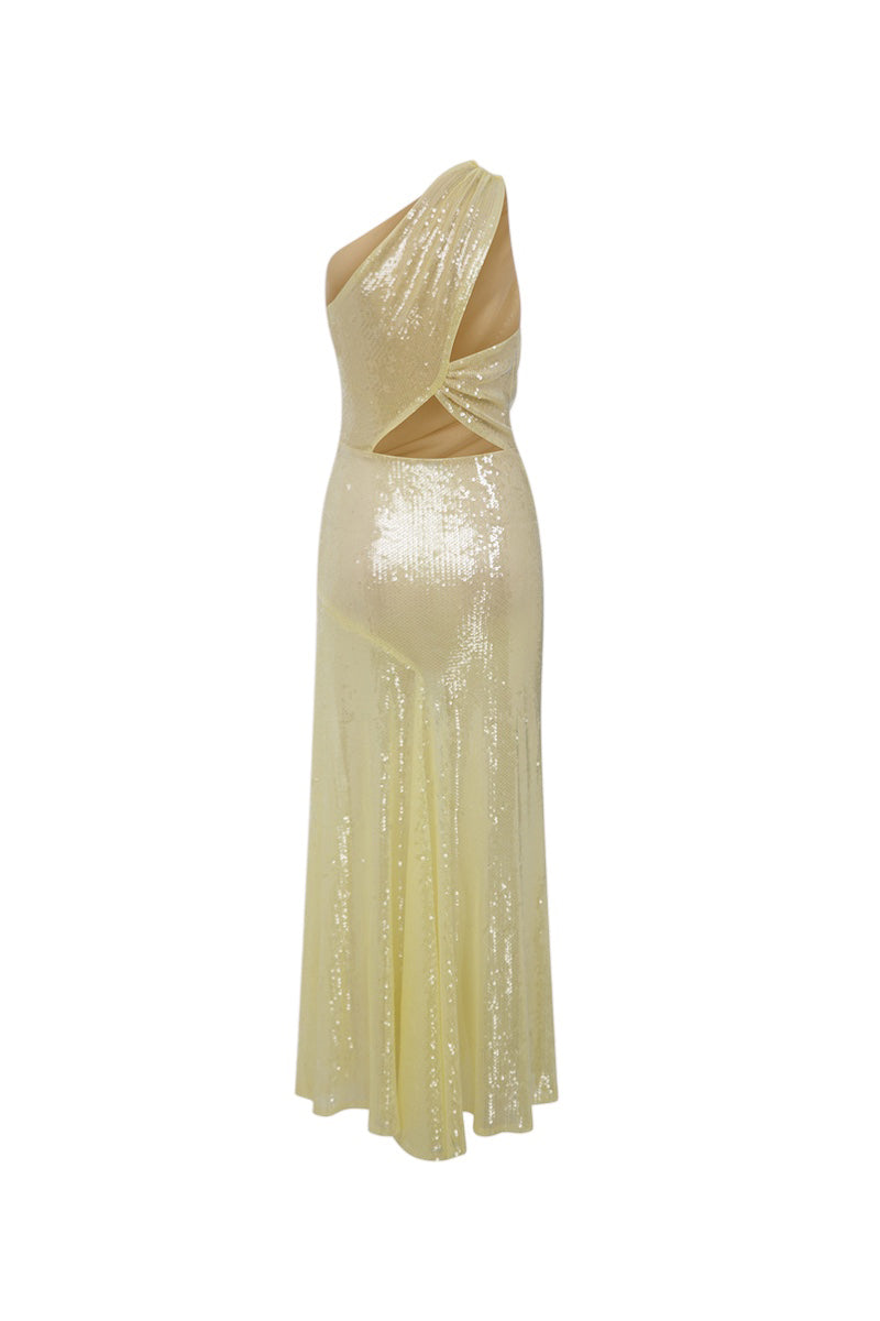 Back view of ILA Breeze Dress in butter yellow midi style, featuring a flowy fabric and elegant design.