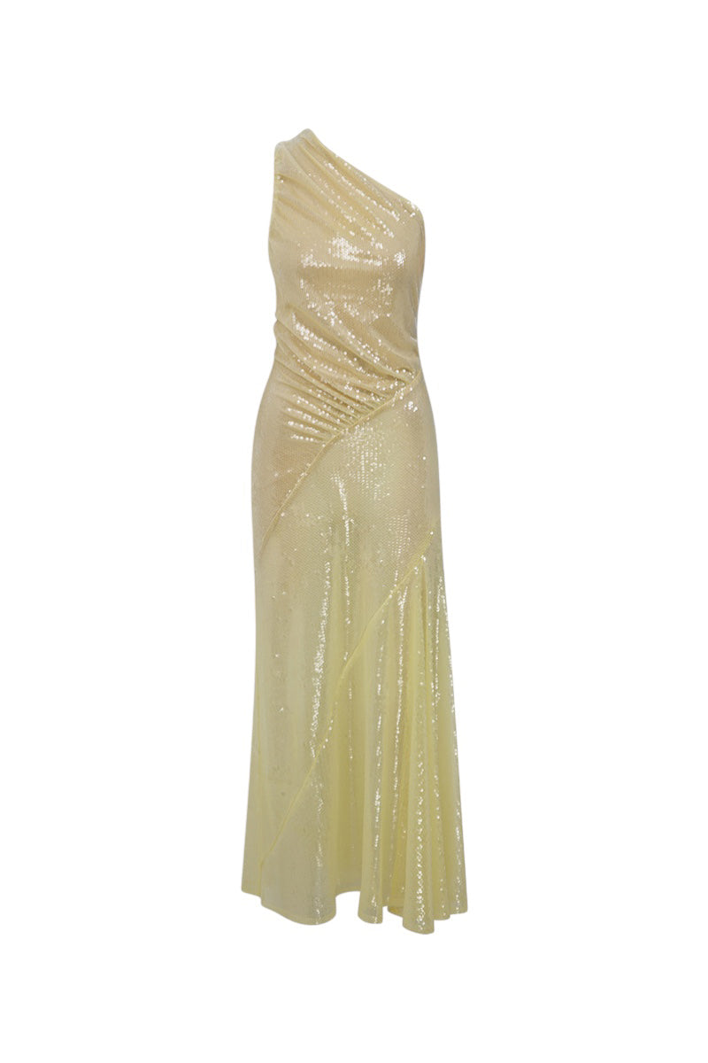 Front view of ILA Breeze yellow midi dress with a flowy silhouette and subtle pleats, perfect for spring and summer wear.