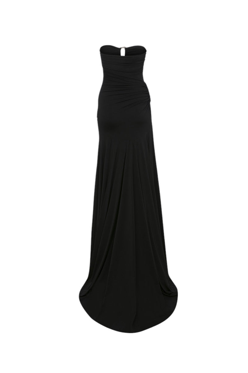 Back view of ILA Clara black maxi dress with flowing fabric and elegant fit, perfect for formal or casual occasions.