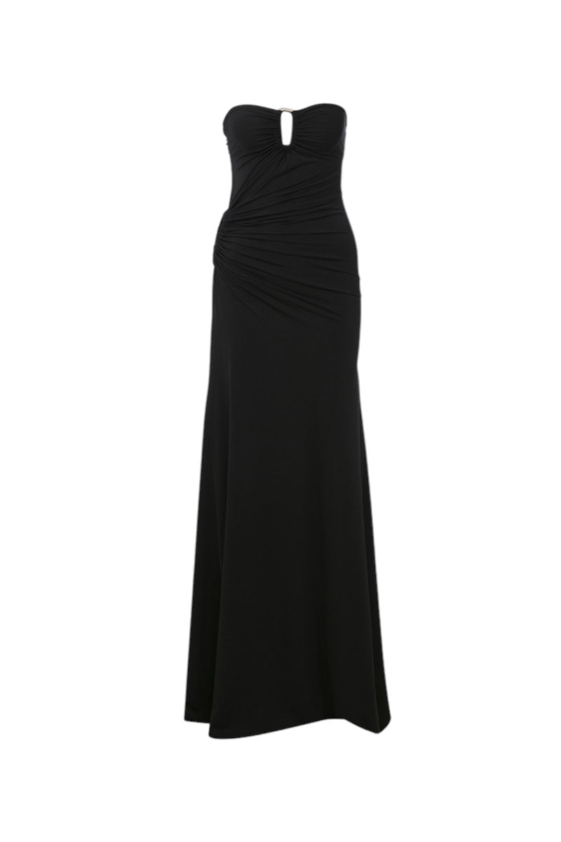 Black ILA Clara maxi dress displayed on a model, showcasing its elegant design and flowing fabric.
