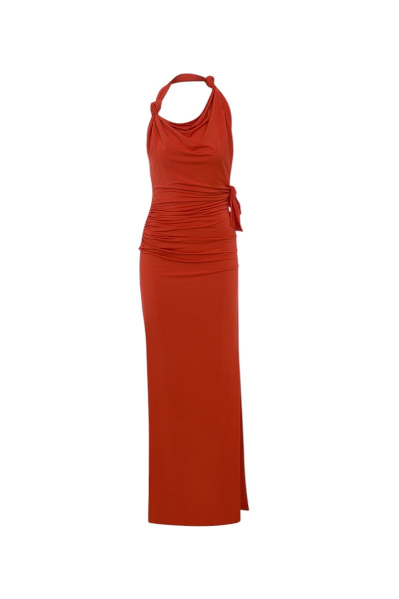 ILA Harper coral red maxi dress with a flowing silhouette and sleeveless design, shown from the front.