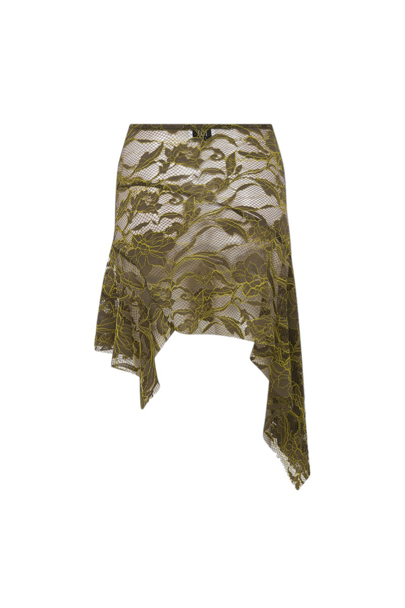 Back view of ILA NENSI khaki mini skirt with a fitted waist and stylish design, perfect for casual or dressy outfits.
