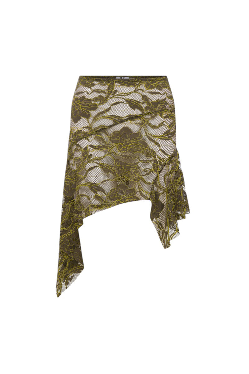 Front view of ILA NENSI Khaki mini skirt, featuring a stylish short design with a fitted waistband and subtle stitching details.