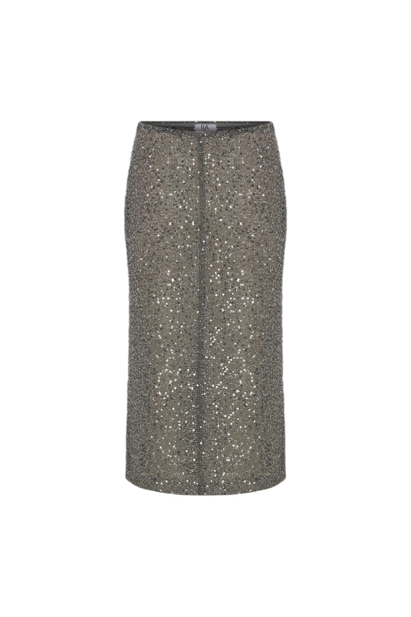 Silver sequin Sherry midi skirt by ILA, front view showing shiny, fitted design with a smooth waistband and flowing length.