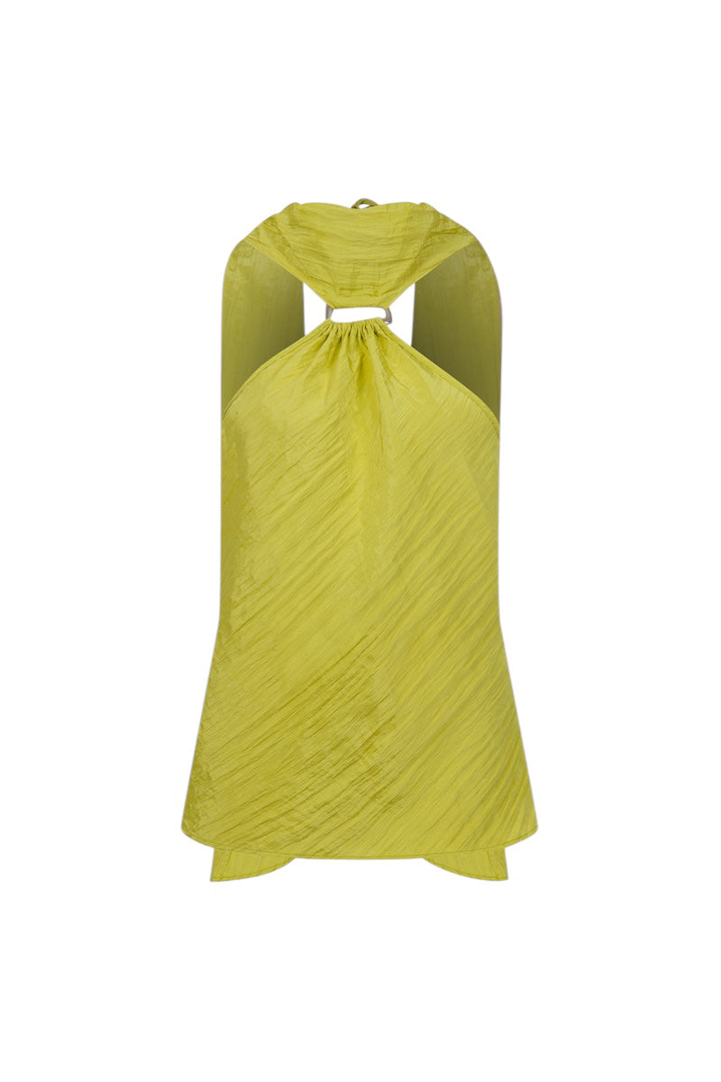 Front view of ILA KAE top in pistachio green, stylish sleeveless top with a relaxed fit and round neckline.