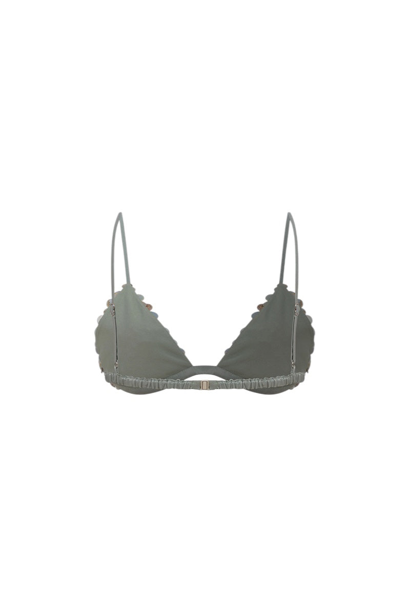 Back view of ILA Sienna bra top in sage green, soft fabric, with adjustable straps and subtle brand logo detail.