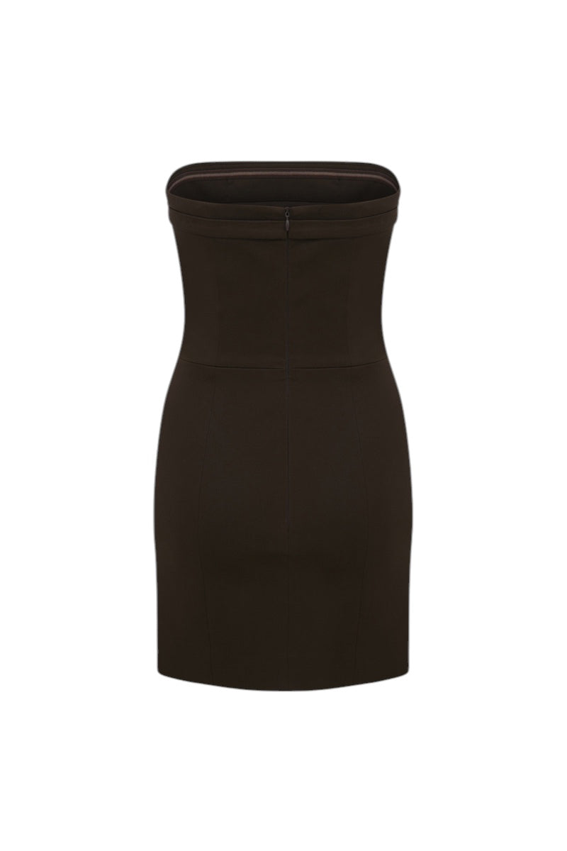 Back view of ILA Samantha brown mini dress, stylish sleeveless design with fitted silhouette and elegant fabric.