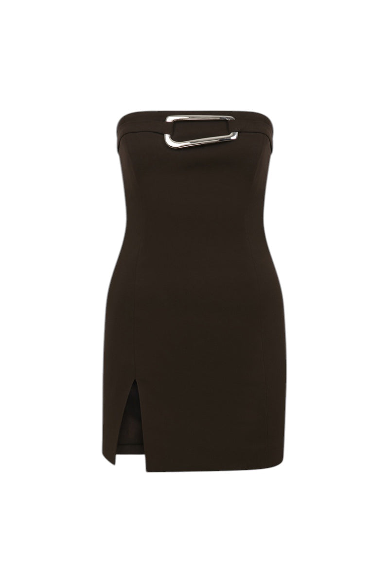 Brown Samantha mini dress by ILA featuring a stylish fit and elegant design, shown from the front view.