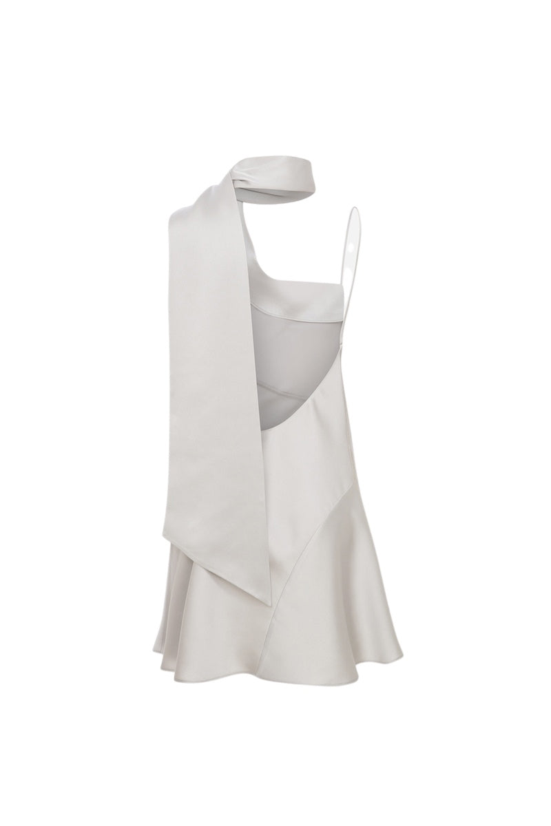 Back view of ILA Linda silver mini dress, stylish and fitted with elegant design details.